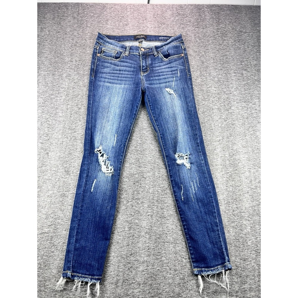 Judy Blue JB8228DK Skinny Jeans Womens 5/27 Dark Wash Raw Hem Distressed Stretch